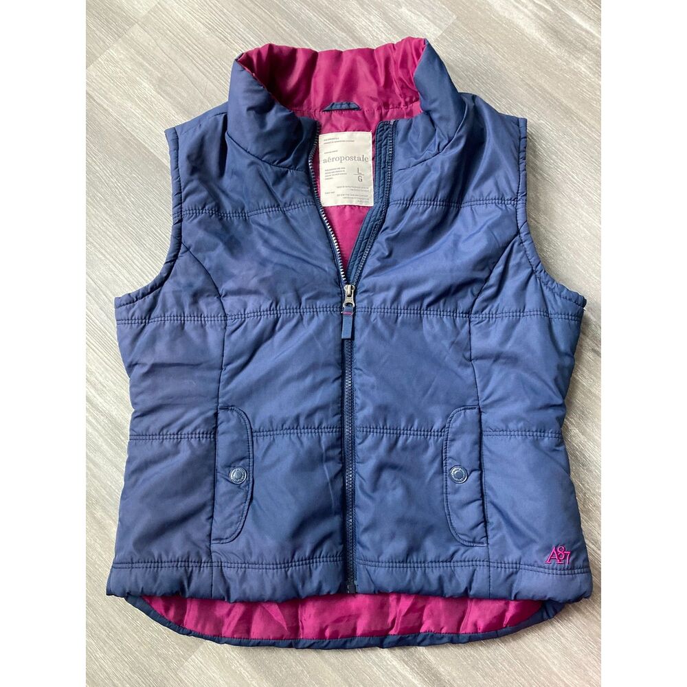 Vintage Aeropostale 2000s Y2K Blue Magenta Pink Puffer Vest Zipper Collar Large